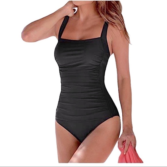 Slimming Dark Goth Black One Piece Tummy Control Swimwear Wide Straps Si… - Picture 7 of 10